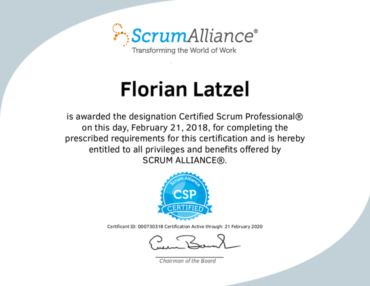 Mein Certified Scrum Professional (CSP) Zertifikat der ScrumAlliance