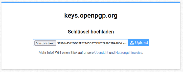 Öffentlichen PGP Schlüssel auf keys.openpgp.org hochladen