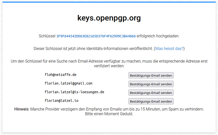 Verifizierung der Öffentlichens PGP Schlüssel auf keys.openpgp.org, Bestätigungs-Email senden