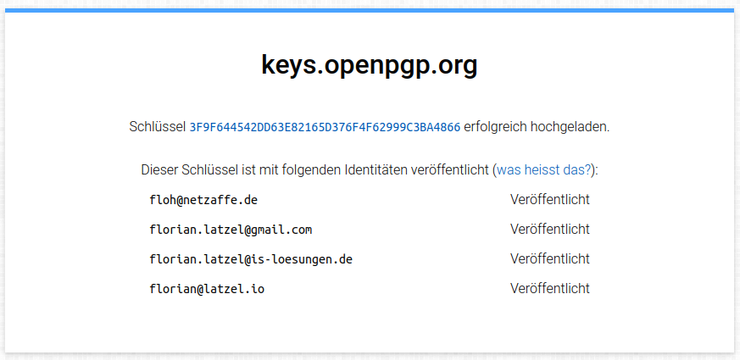 Verifizierte Identitäten des öffentlichens PGP Schlüssels auf keys.openpgp.org