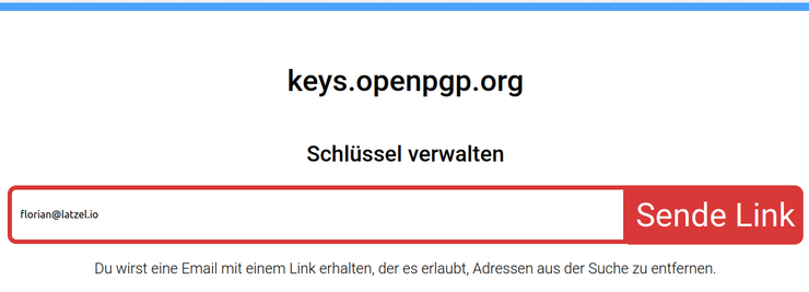 Schlüssels auf keys.openpgp.org verwalten, Sende Link