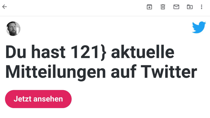 Screenshot: Mail, Du hast 121} aktuelle Mitteilungen auf Twitter